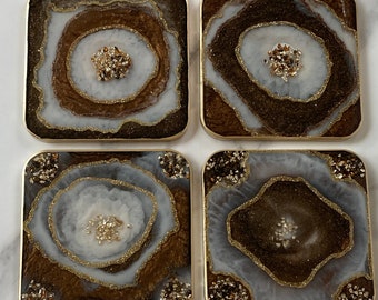 Sparkle Gold, Brown, Bronze, and White 3D Sqaure Resin Beverage Coasters with Gold Leaf Colorful Stones, Set of 4