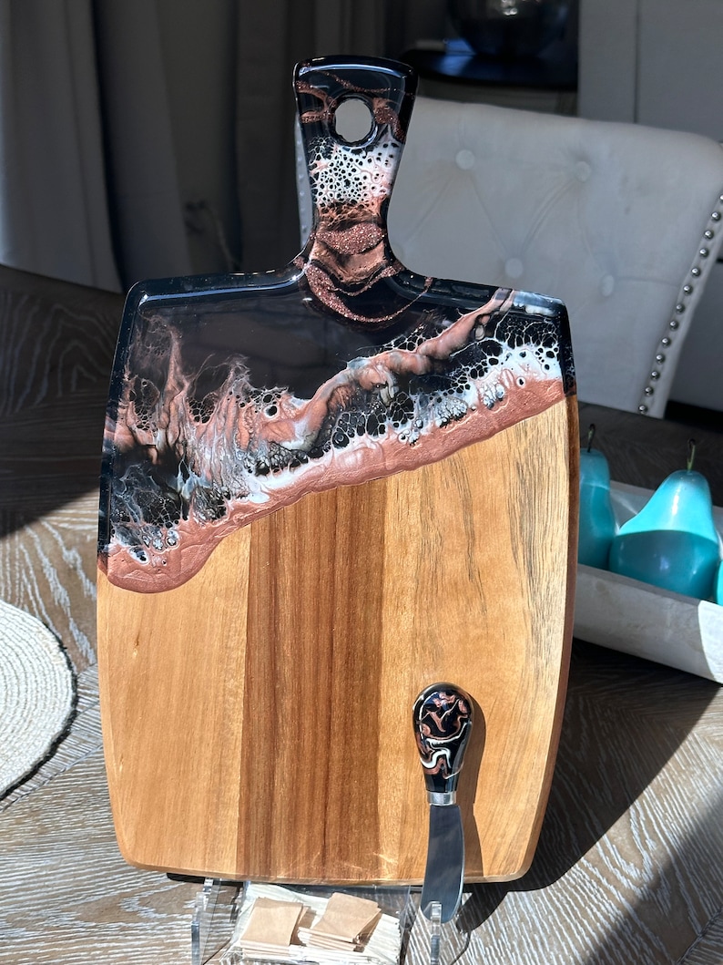 Black & Copper Cheeseboard, Charcuterie Board, w/ Cheese knife, Gift Set, Southwestern Decor, House warming Gift, Resin Art Cheese Board image 1