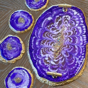 Purple & Gold, Luxury Tray Set, Bundle Gift Set, w/ 4 Coasters, Christmas Gift, Wedding Gift, Gift for her, Fast Shipping