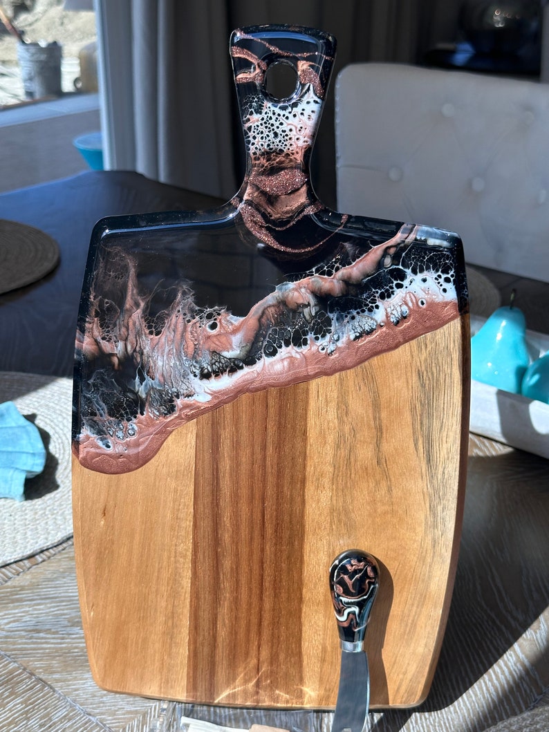 Black & Copper Cheeseboard, Charcuterie Board, w/ Cheese knife, Gift Set, Southwestern Decor, House warming Gift, Resin Art Cheese Board image 7