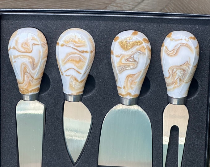 Resin Cheese Knife Set, W/ Gift Box, Gold Cheese Knife set, Charcuterie Cheese Knives, Wine & Cheese Gift, Cheese Knives, 4 cheese knives