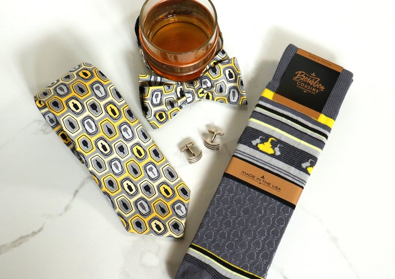 for Whiskey lovers /& Weddings too...sharp Groomsmen Best Man gift Gray Bourbon Fest\u00a9 Bow Tie for bartenders and the racetrack Gold