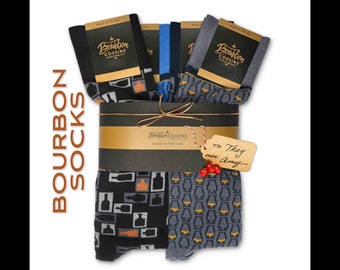 Bourbon Gift | 4-Sock Gift Set | whiskey lover's gift with nicely designed premium socks: whisky glasses and bourbon bottle designs on socks