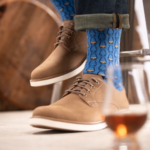 Whiskey Glasses Socks, bourbon, scotch whisky tasting glasses in Gray/navy & Bright Blue/navy + Black/Copper scotch lovers, groomsmen gift