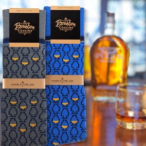 Whiskey Glasses Socks, bourbon, scotch whisky tasting glasses in Gray/navy & Bright Blue/navy Black/Copper scotch lovers, groomsmen gift image 3