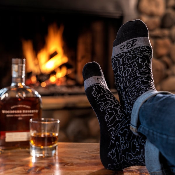 Bourbon Days© Socks, Black + Gray, adult novelty premium sock for bourbon whiskey and Old Fashioned lovers gift and wedding groomsmen socks