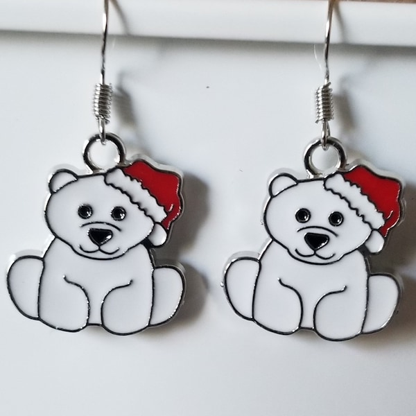 Polar Bear with a Santa Hat Earrings