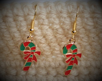 Red and Green Holiday Candy Cane Charm Earrings