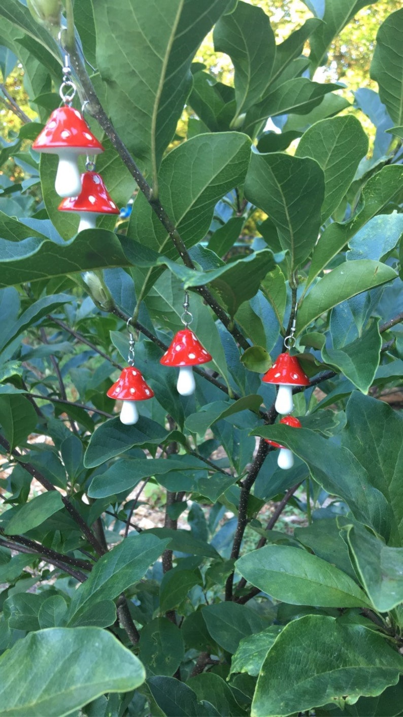 May include: Red and white mushroom earrings hanging from silver hooks. The earrings are set against a backdrop of green leaves and branches. The mushroom caps are red with white spots, and the stems are white.