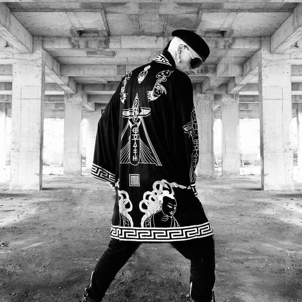Printed Kimono - Mahamudra Robe - Hand Made Kimono - Dark Wear Kimono - Androgynous