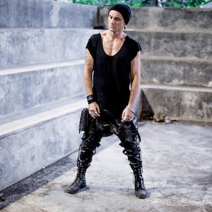 Leather Dark Wear Combat Pant - Mens Drop Crotch Military Tech Wear - Dark Fashion Avant Garde Trousers - High Fashion Androgynous Streewear
