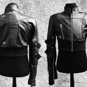 Cropped Leather Jacket - Avant Garde Goth Chic Coat with Extended Sleeves - Gender Fluid - Shoulder Coat - Tech Wear