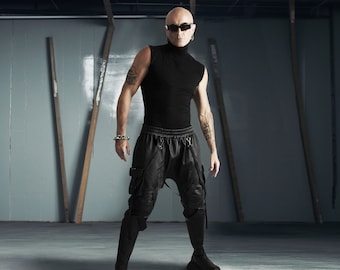 Enigmatic Shadow Leather Combat Pant - Handcrafted Avant Garde Cargo Trousers - Unique Drop Crotch Style - Urban Leather Combat Pant