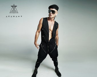 Avant Garde Black Canvas Jumpsuit: Drop Crotch Rave Onesie