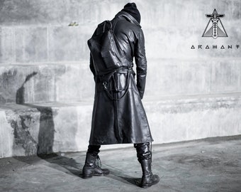 Handmade Dark Fashion Leather Trench Coat - Mens Full Length Tailored Jacket - Avant Garde Goth Overcoat