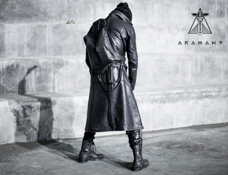 Handmade Dark Fashion Leather Trench Coat Mens Full Length