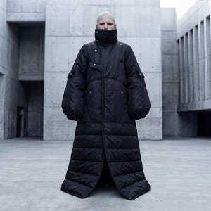 Peut inclure: Un long manteau matelassé noir doté d'un col haut structuré, de manches longues avec de petites poches à rabat sur le haut des bras et d'une fermeture frontale à boutons-pression métalliques visibles. Le manteau descend jusqu'au sol.