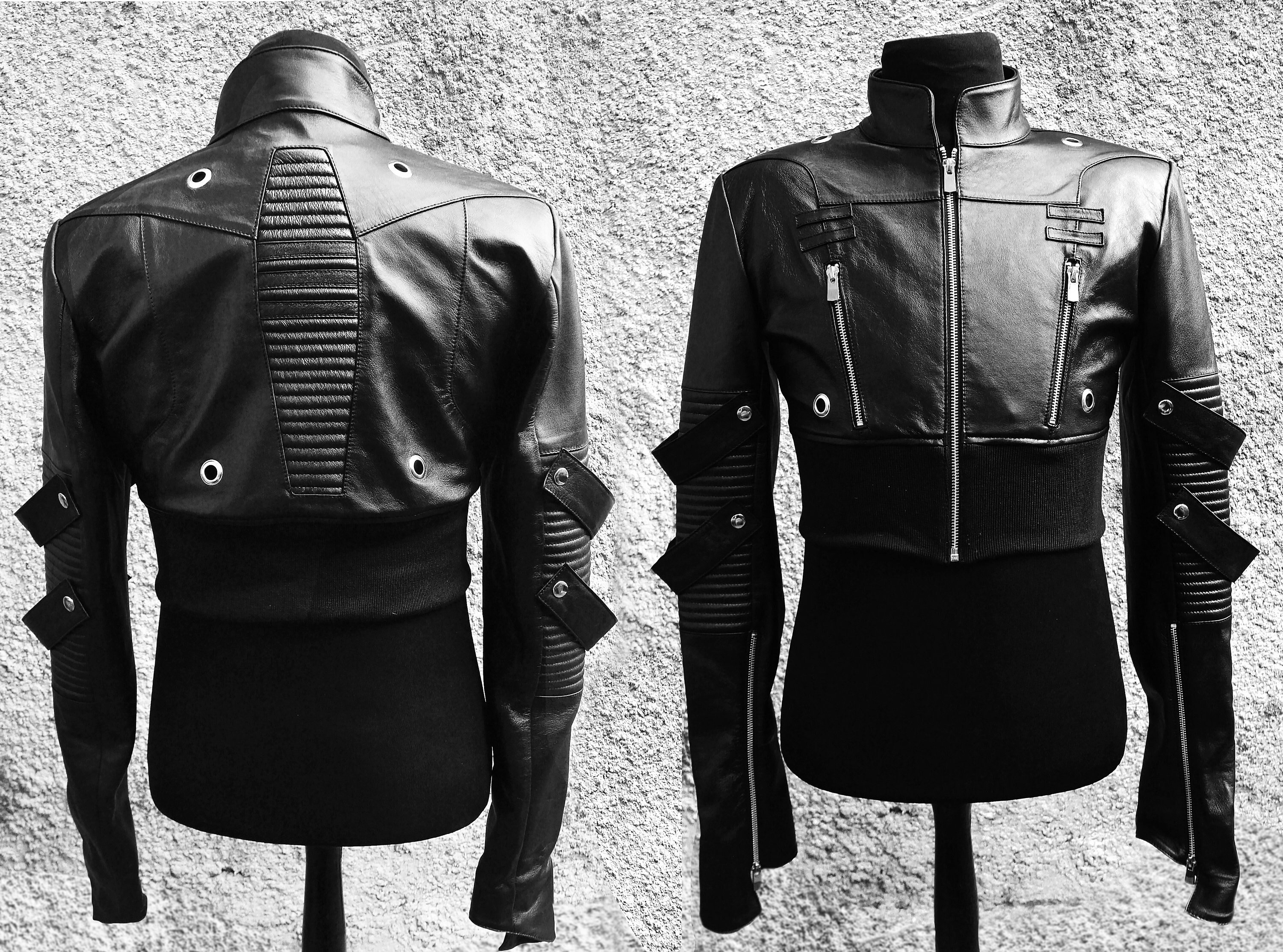 Cropped Leather Jacket - Avant Garde Goth Chic Coat With Cropped Leather Jacket - Avant Garde Goth Chic Coat With
