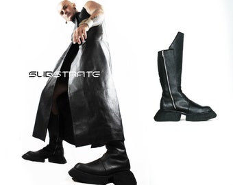 Substrate Leather Knee High Boot - Avant Garde Black Boots - Dark Fashion Design -Platform Sole - Inner Zipper - Mans - Women's - Handmade