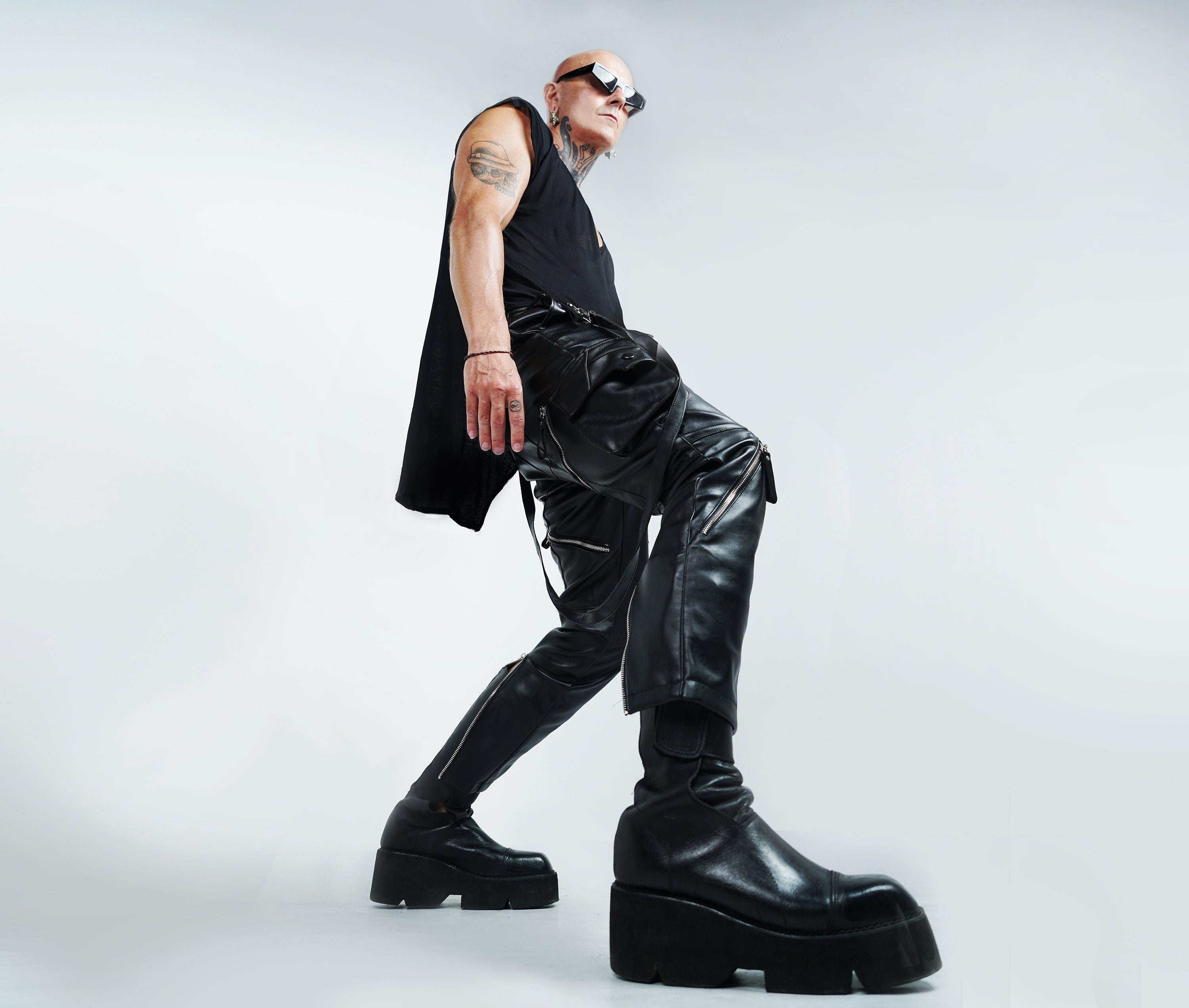 Dark Fashion Drop Crotch Pant - Leather Combats - Avant Garde Goth