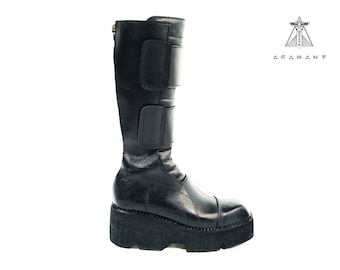 Handmade Leather Knee High Boots With Platform Sole - Dark Fashion Design - Androgynous Avant Garde.- Burning Man Festival Boot