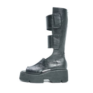 Handmade Black Leather Platform Boots: Open Toe Knee High, Avant Garde Rave Footwear