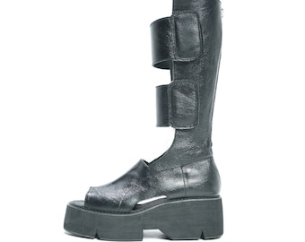 Handmade Open Toe Black Leather Boots - Knee High With Platform Sole - Avant Garde Footwear - Burning Man