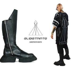 Womens/Mens Leather Knee High Black Boots - Avant Garde Design - Full Length Zip - Platform Boots 6cm at heel - Eu 35 - 48