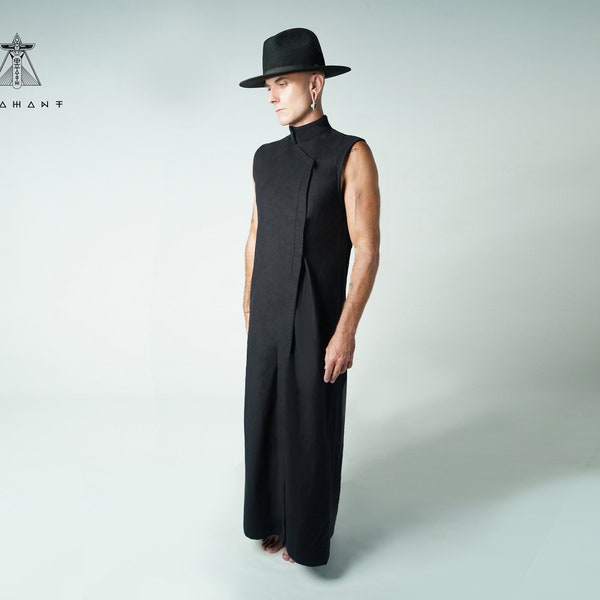 Dark Fashion Long Shirt - Avant Garde Mens Robe  - Sentient Robe - Androgynous Wear - Black Look  - Sleeveless Kimono