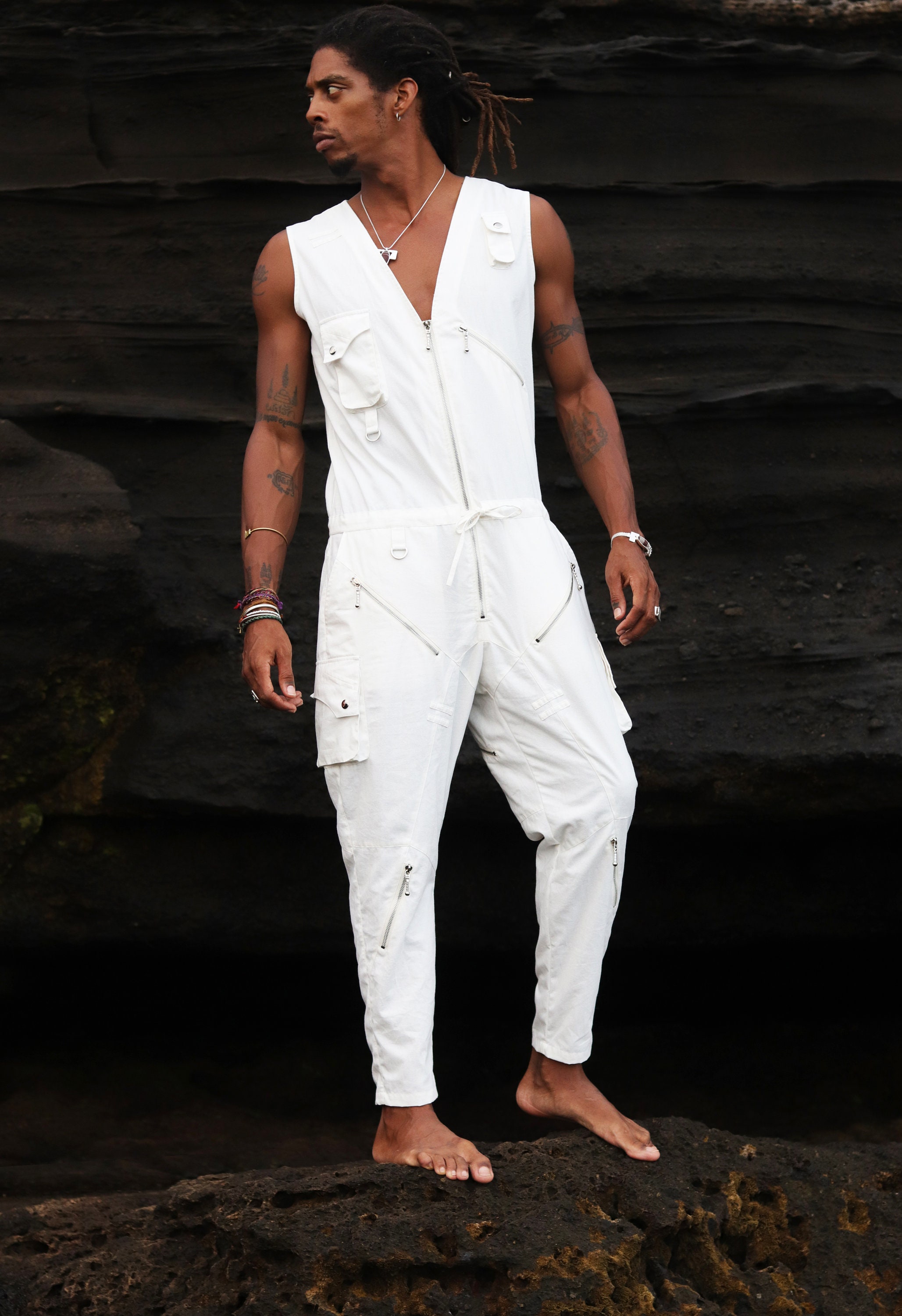 Mens White Canvas Jumpsuit - Mens White Overall - Mens