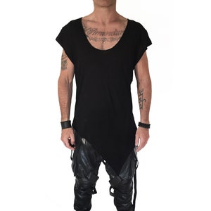 Deconstruct Asymmetrical Black Shirt - Mens Oversize Dark Fashion Top - Avant Garde Scoop Neck Shirt  - Goth