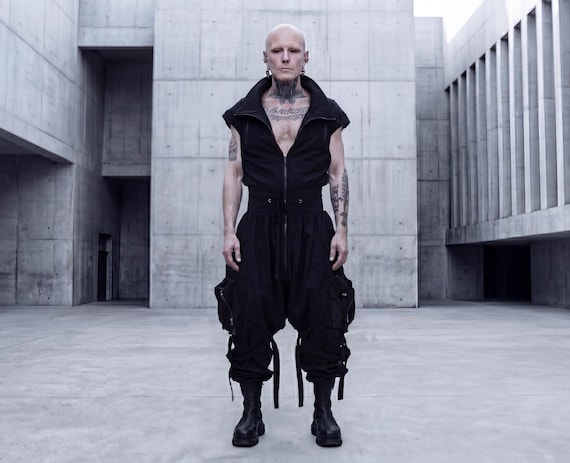 Mens Techwear Jumpsuit: Black Organic Cotton Avant Garde Boiler