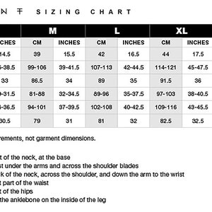 May include: Size chart for clothing with measurements in inches and centimeters. The chart includes neck, chest, sleeve, waist, hip, and inseam measurements for sizes S, M, L, and XL.