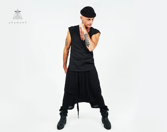 Dark Fashion Linen Drop Crotch Pant (Final Stock Reductions) - Avant Garde Harem Shorts - Available in Black and White