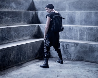 Leather Drop Crotch Combat Pant - Avant Garde Tech wear - Dark Fashion Military Trousers - Goth Menswear