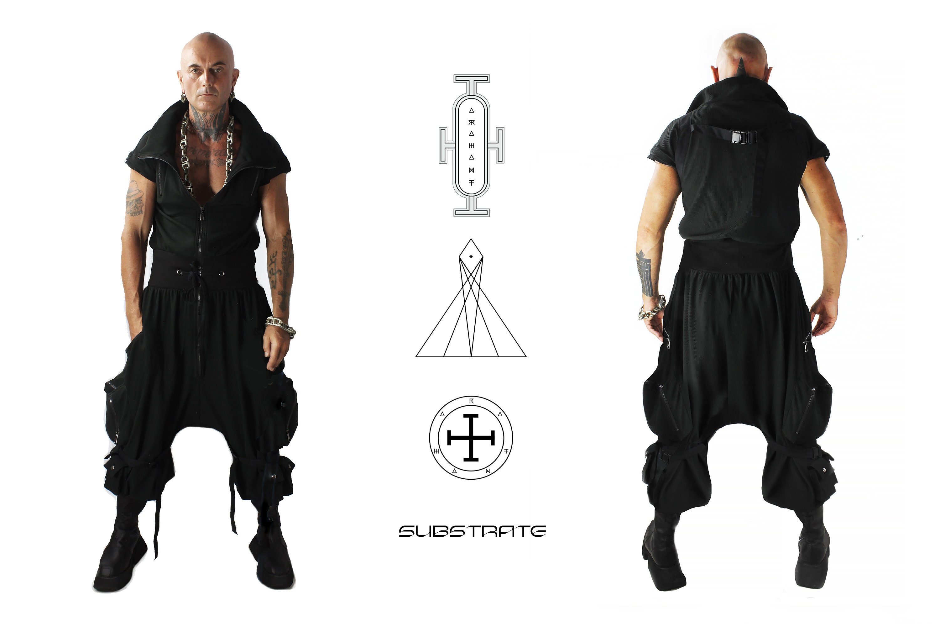 パンツ CONFECT UpcycleLino JUMP SUITS Avant Garde Jumpsuit: Tech Wear Utility Pockets, Drop Crotch