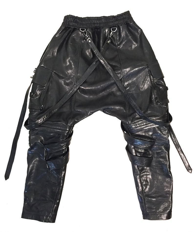 Enigmatic Shadow Leather Combat Pant Handcrafted Avant Garde Cargo Trousers Unique Drop Crotch Style Urban Leather Combat Pant image 5