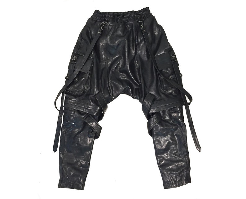 Enigmatic Shadow Leather Combat Pant Handcrafted Avant Garde Cargo Trousers Unique Drop Crotch Style Urban Leather Combat Pant image 3