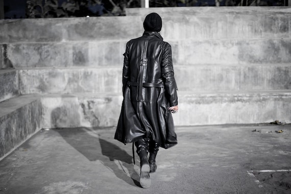 Handmade Dark Fashion Leather Trench Coat Mens Full Length