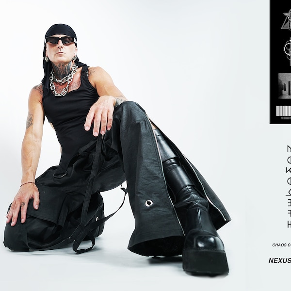 Monolith Modular Wide Leg Canvas Pant - Avant Garde Flared Cargo Trouser - Dark Fashion Design - Detachable Pockets with Strap Additions