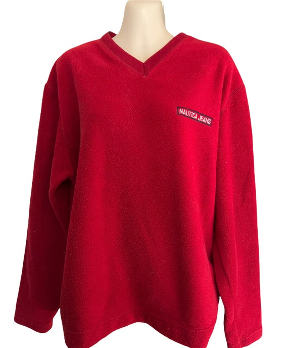 Nautica men’s vintage fleece sweater pullover size Medium red with dark blue accents~crew v neck~