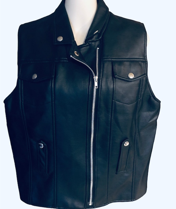 Black Instant Faux Leather Biker Mod Motorcycle Steampunk Rave Style Vest Size L Women’s.