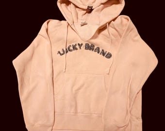 Vintage ~  Lucky Brand Hoodie Pink With Denim design ~ Sweatshirt Hoodie Womens Size XL
