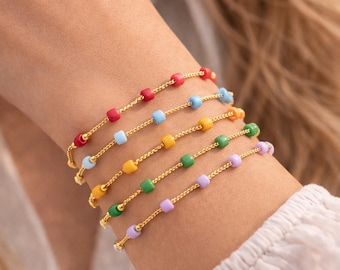 Handmade Crochet Bracelet, Golden Beaded, Dainty Stacking, Tiny Bead Jewelry, Gift for Her