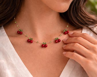 Cherry Necklace – Handmade Crochet Beaded Jewelry with Red & Green Crystals