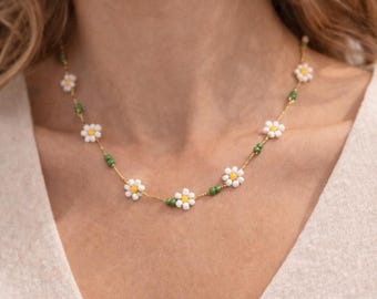 Beaded Daisy Necklace, White Floral Gold-Tone Chain, Summer Jewelry
