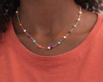 Micro Crochet  Colorful beaded Necklace, Spring Summer accessories , Minimalist-Boho Jewelry, Delicate gift