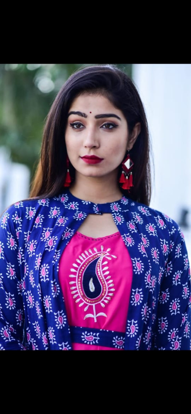 Fabric Reyon Gota work on kurti with print jacket Women Indian Ethnic Kurta Kurti Flared Anarkali Kurta Blue Partywear Gown Dress