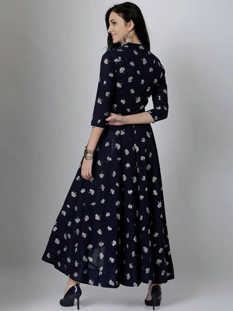 ankle lenth kurti* *with exclusive silver print with silver dori fabric rayon slub Hand Crafted Traditional kurti Gown dress