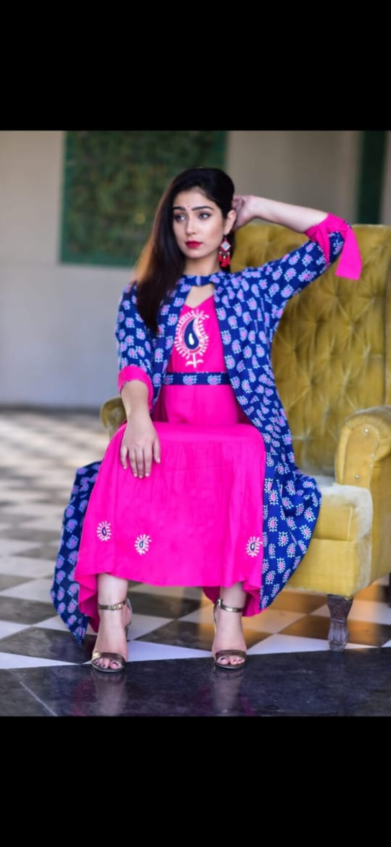 Fabric Reyon Gota work on kurti with print jacket Women Indian Ethnic Kurta Kurti Flared Anarkali Kurta Blue Partywear Gown Dress